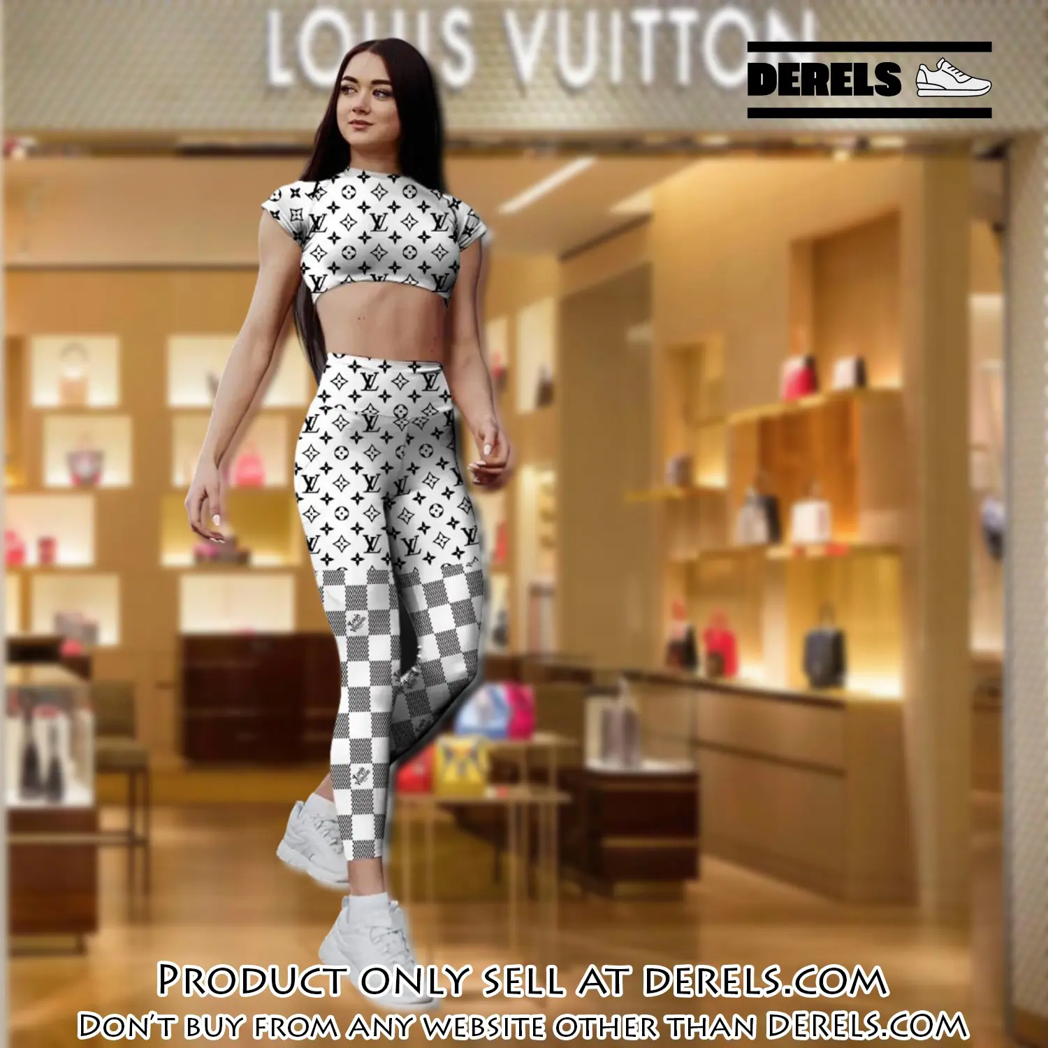 White checkerboard louis vuitton sportwear combo luxury brand crop top tshirt and legging for women ctl1013 dr2820746